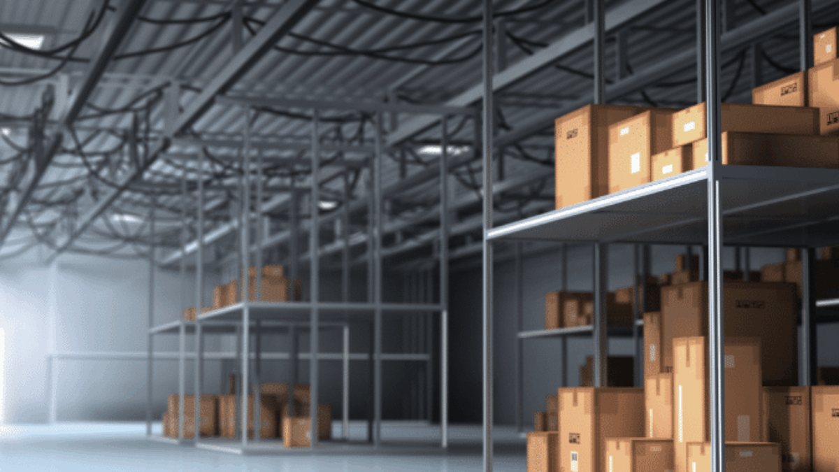Rows of metal shelves holding stacks of cardboard boxes are arranged in a spacious, well-lit warehouse with a smooth, reflective floor and high ceiling.
