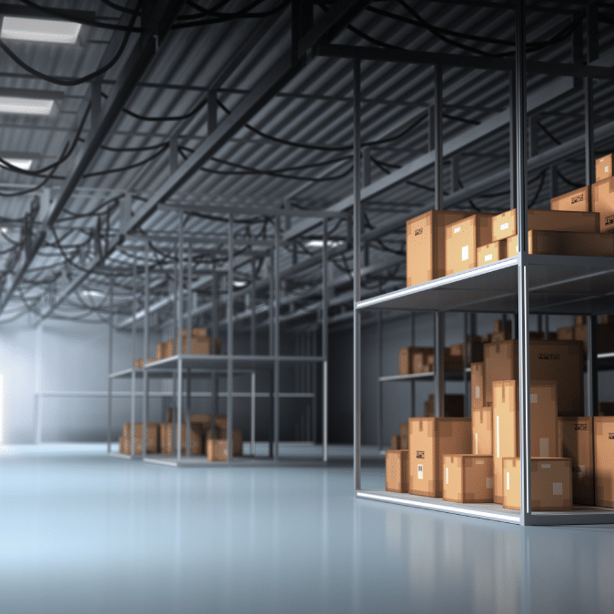 Rows of metal shelves holding stacks of cardboard boxes are arranged in a spacious, well-lit warehouse with a smooth, reflective floor and high ceiling.