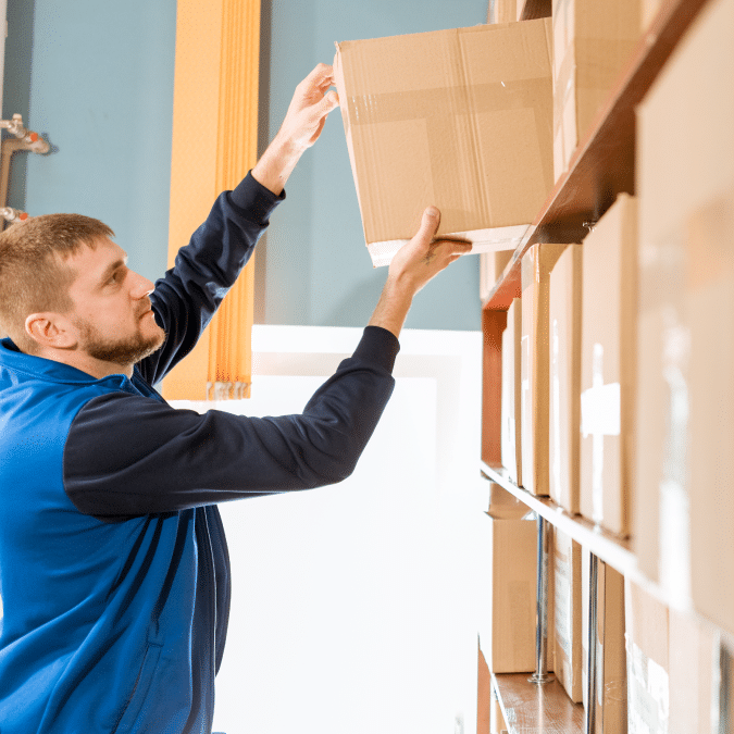A man in a blue vest is reaching up to place or retrieve a cardboard box from a high shelf in a storage area or warehouse with several other boxes on shelves.