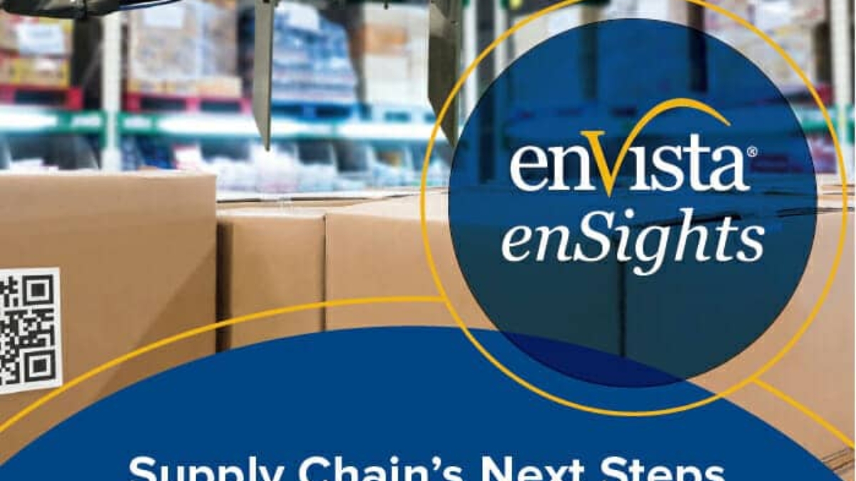 A robotic arm moves a box in a warehouse with stacked shelves. The text reads: “Supply Chain’s Next Steps Necessitate IOT Adoption” by Ryan Kauzlick, enVista Senior Director. The enVista enSights logo is displayed.