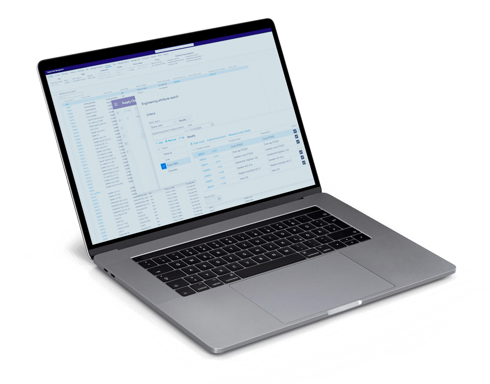 A silver laptop with a black keyboard is open and displaying a Dynamics 365 Supply Chain Management application on the screen against a plain white background.