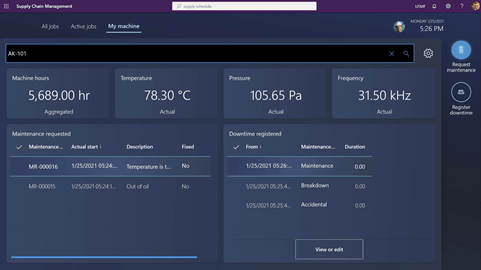 Dashboard interface displaying machine metrics—5,589 hours runtime, 78.3°C temperature, 105.65 Pa pressure, 31.50 kHz signal—integrates with Dynamics 365 Supply Chain Management for maintenance requests and downtime history tracking.
