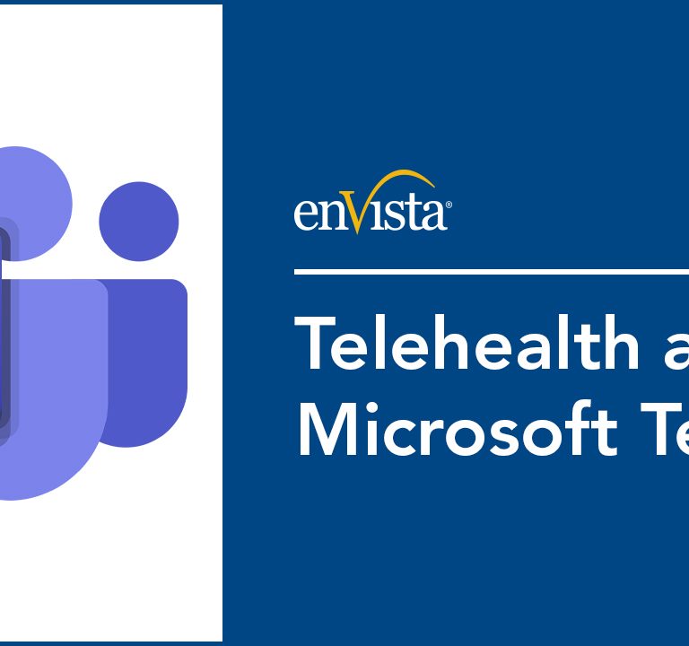 The image features the Microsoft Teams logo on the left and the text enVista Telehealth and Microsoft Teams on a blue background on the right.