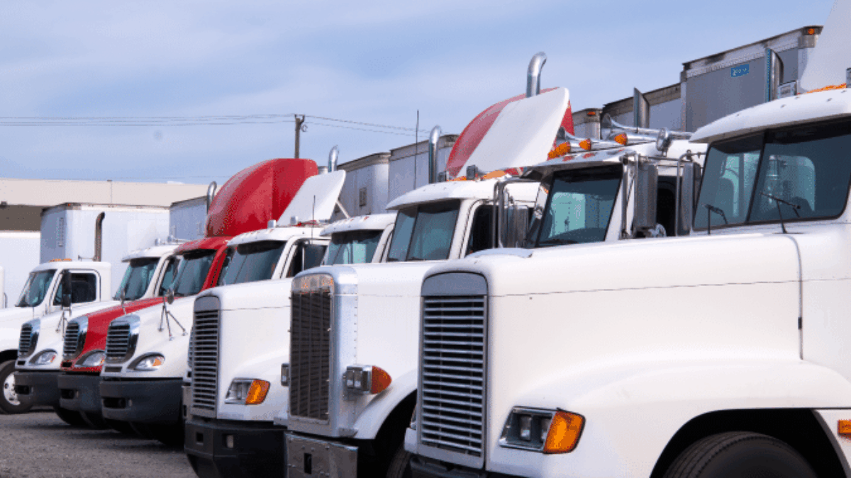 A row of parked semi-trucks with white and red cabs is lined up on a gravel lot under a partly cloudy sky.