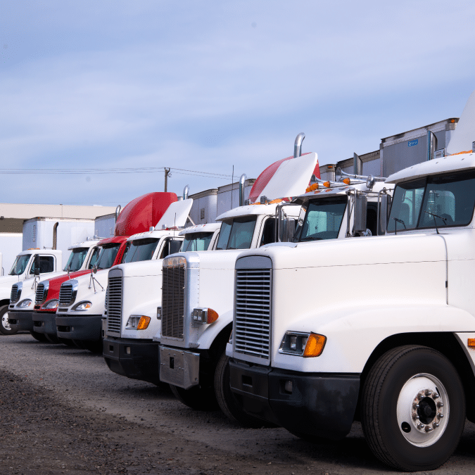A row of parked semi-trucks with white and red cabs is lined up on a gravel lot under a partly cloudy sky.