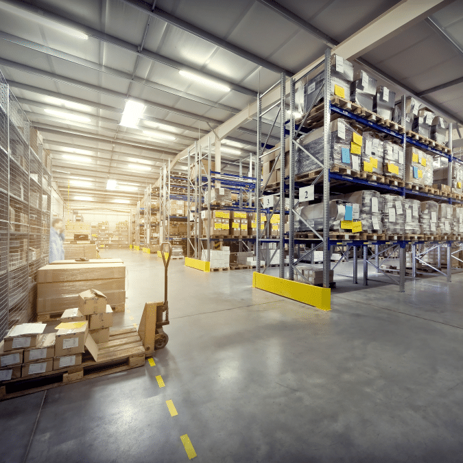 A spacious warehouse with high shelves filled with boxes and packages, a pallet jack loaded with boxes, and bright overhead lighting illuminating the clean, organized storage area.