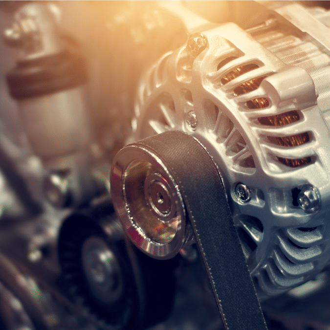 Close-up of a car engines alternator with a drive belt wrapped around a metallic pulley, surrounded by other engine components under warm lighting.