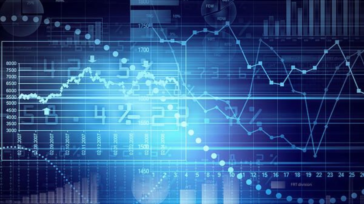 A digital graphic featuring various financial charts, graphs, and data visualizations with blue tones, including line graphs, bar charts, numerical data, and grid overlays, representing financial market analysis.