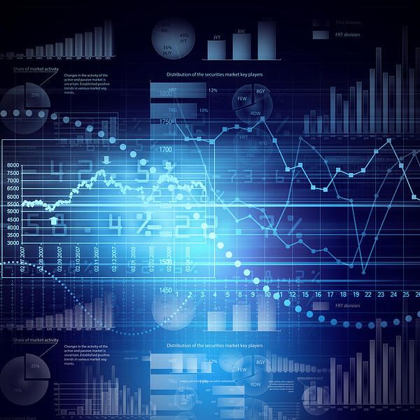 A digital graphic featuring various financial charts, graphs, and data visualizations with blue tones, including line graphs, bar charts, numerical data, and grid overlays, representing financial market analysis.