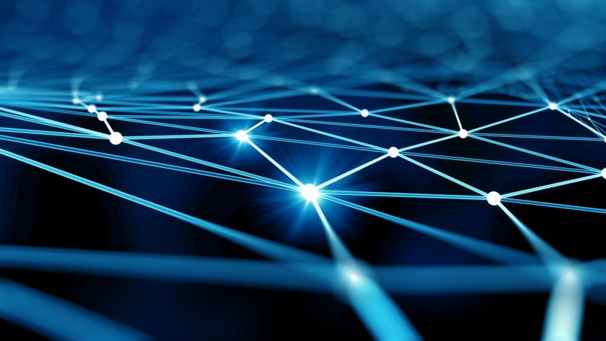 Abstract digital image of interconnected glowing blue lines and points forming a network on a dark background, representing data connections or a neural network.