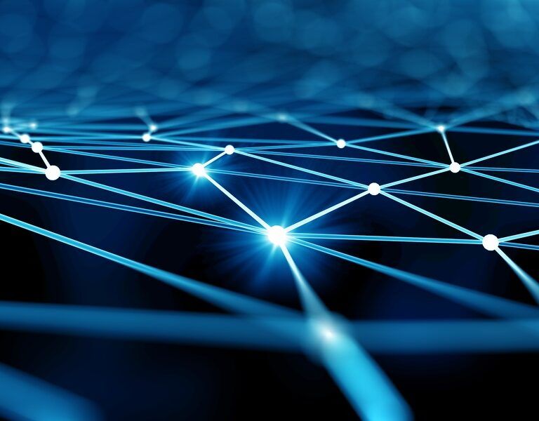 Abstract digital image of interconnected glowing blue lines and points forming a network on a dark background, representing data connections or a neural network.