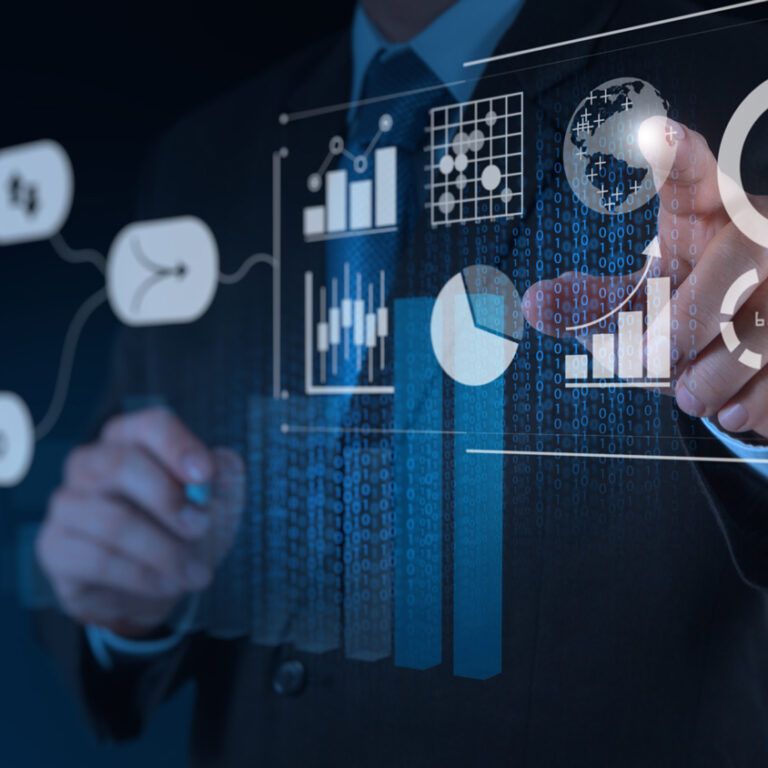 A person in a suit interacts with virtual data visualizations, including charts, graphs, and circular progress indicators, representing digital analytics and business intelligence on a transparent screen.