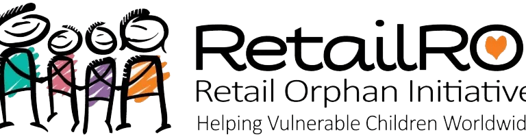 Logo for RetailROI (Retail Orphan Initiative) featuring four cartoon people holding hands, with the tagline “Helping Vulnerable Children Worldwide.” The O in ROI contains an orange heart.