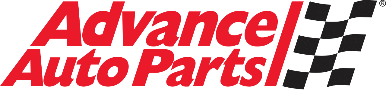 The Advance Auto Parts logo in red text next to a black-and-white checkered racing flag on a light background.