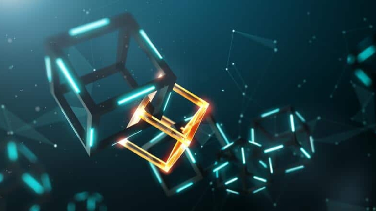 A digital illustration of interconnected 3D cubes representing blockchain in supply chain technology, with glowing blue and golden highlights, set against a dark background with abstract light elements.