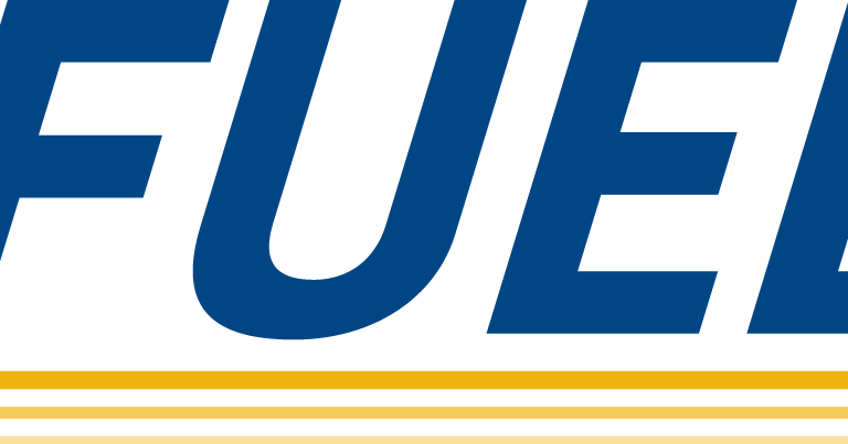 The word FUEL in bold blue uppercase letters with three yellow horizontal lines underneath on a light background.