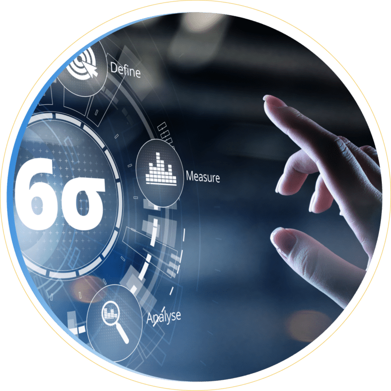 A hand touches a virtual screen displaying the Six Sigma symbol and icons with the words Define, Measure, and Analyse, highlighting Lean Process Improvements in a futuristic digital interface.