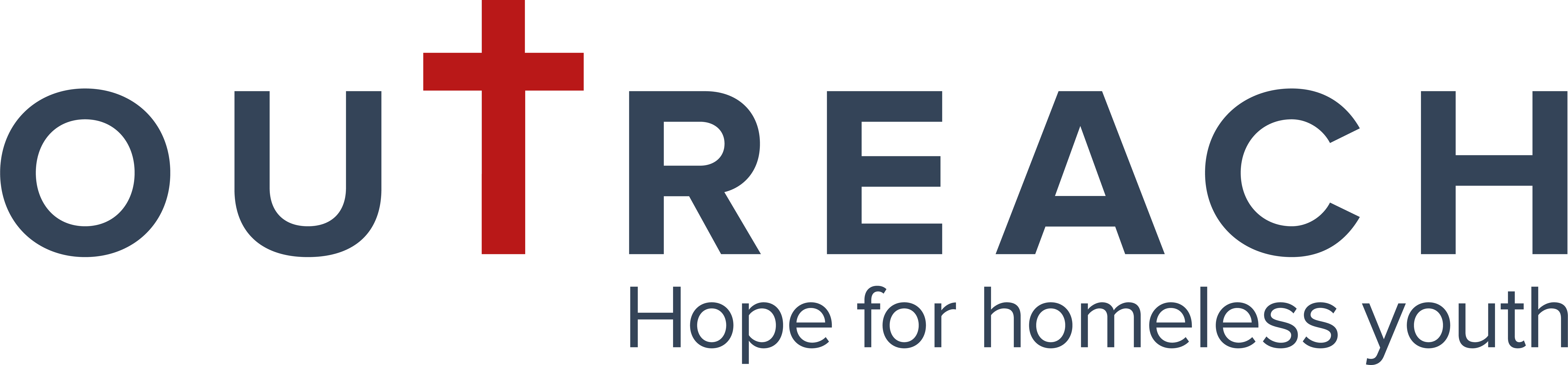Logo with the word OUTREACH, where the T is stylized as a red cross. Below, the tagline reads: Hope for homeless youth.
