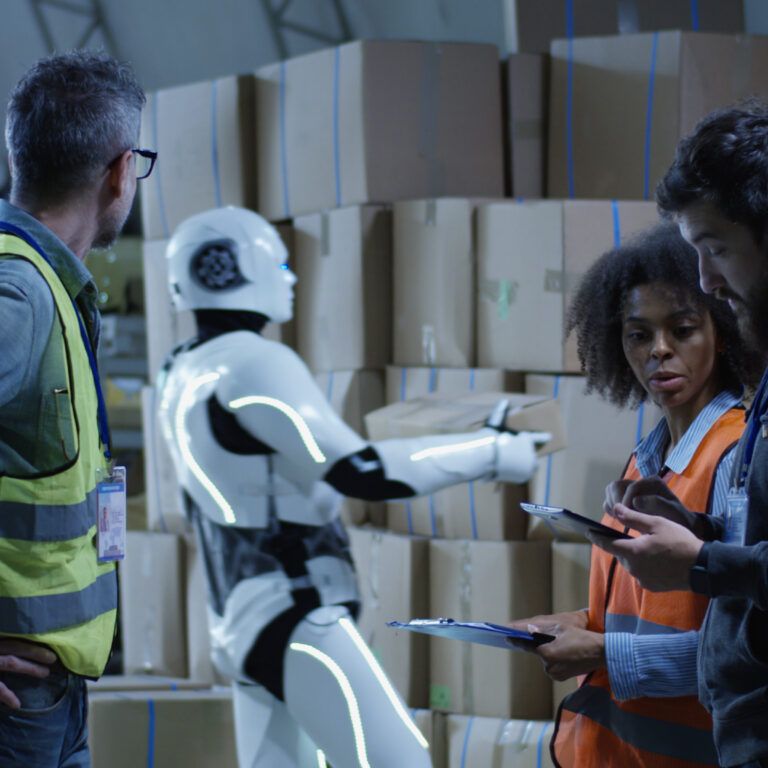 Three warehouse workers, two men and one woman, stand in front of stacked cardboard boxes. A humanoid robot is also present, appearing to work or organize boxes alongside them.