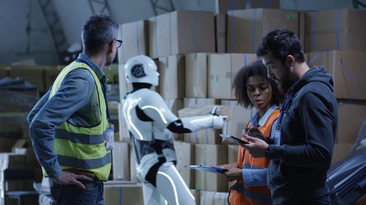 Three warehouse workers, two men and one woman, stand in front of stacked cardboard boxes. A humanoid robot is also present, appearing to work or organize boxes alongside them.
