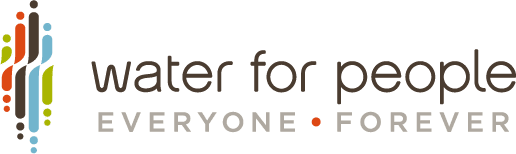 Water For People logo with stylized vertical lines in blue, orange, green, and brown on the left, and the words water for people and EVERYONE • FOREVER to the right.