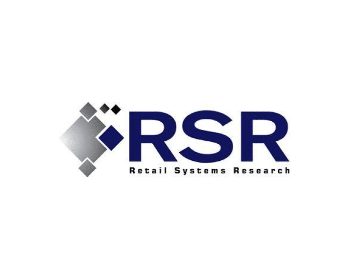 Logo for RSR (Retail Systems Research) featuring blue letters RSR and a geometric design of overlapping gray and blue squares on the left, with the text Retail Systems Research below.