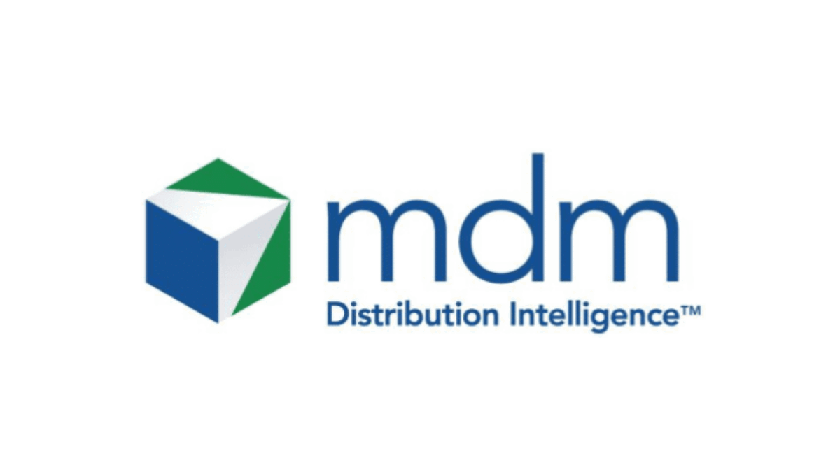 Logo with a blue and green geometric cube to the left of the text mdm Distribution Intelligence™ on a white background.