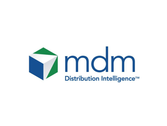 Logo with a blue and green geometric cube to the left of the text mdm Distribution Intelligence™ on a white background.