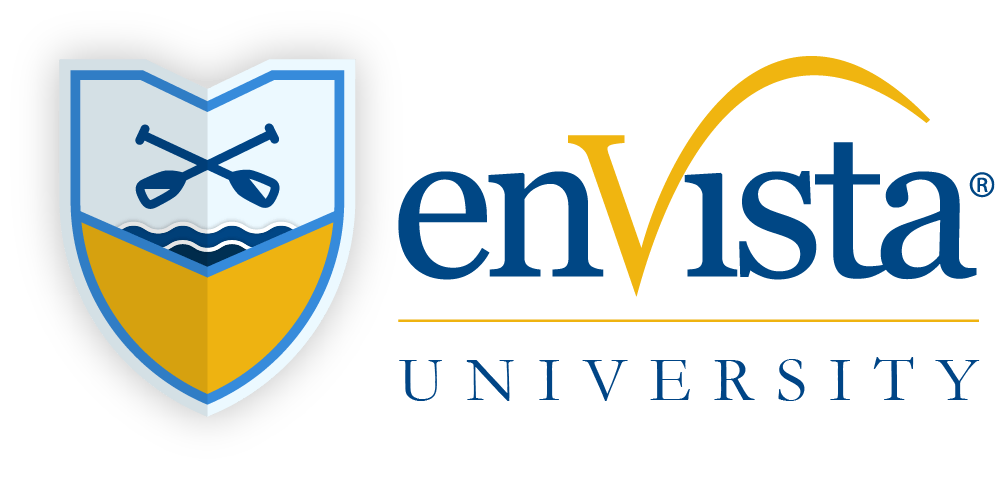 Logo for enVista University featuring a shield with crossed oars above wavy water on the left, and enVista UNIVERSITY in blue and gold text on the right.