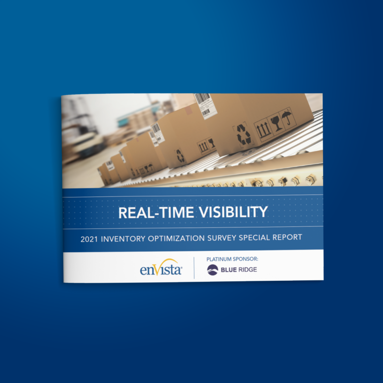 A report cover titled Real-Time Visibility: 2021 Inventory Optimization Survey Special Report featuring cardboard boxes on a conveyor belt. Logos for enVista and platinum sponsor Blue Ridge are shown below the title.