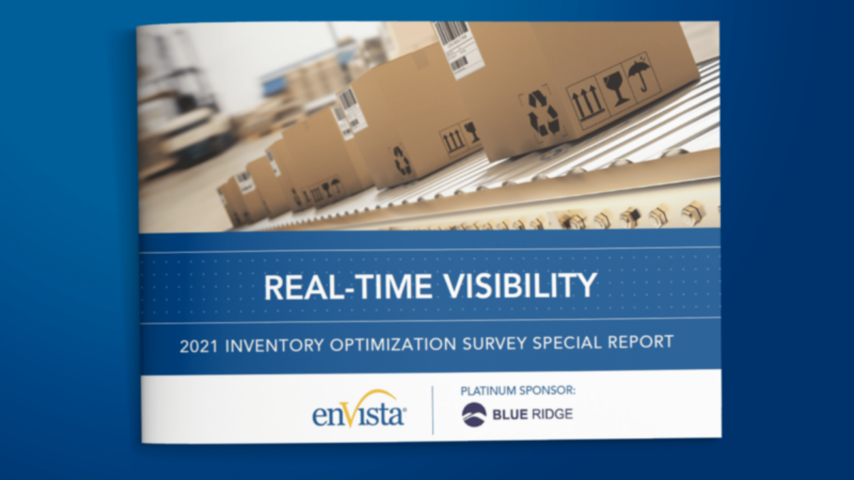 A report cover titled Real-Time Visibility: 2021 Inventory Optimization Survey Special Report featuring cardboard boxes on a conveyor belt. Logos for enVista and platinum sponsor Blue Ridge are shown below the title.