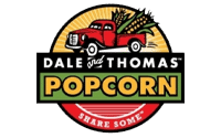 Logo for Dale and Thomas Popcorn featuring a red vintage truck carrying corn, with the brand name in bold letters and the slogan Share Some at the bottom.