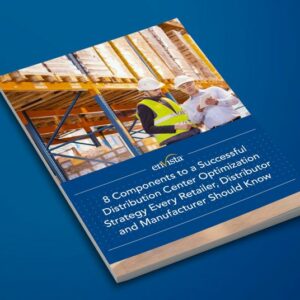 A booklet with a cover showing two people in hard hats at a construction site. The title reads, 8 Components to a Successful Distribution Center Optimization Strategy Every Retailer, Distributor, and Manufacturer Should Know.