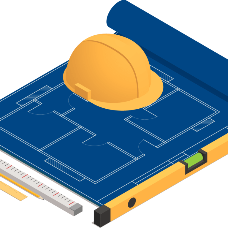 Isometric illustration of a blueprint with a yellow hard hat, measuring tape, ruler, and level placed on top, symbolizing construction planning and design build services.
