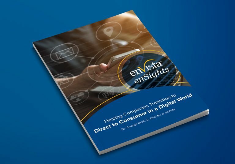 A booklet titled enVista enSights: Helping Companies Transition to Direct-to-Consumer in a Digital World lies on a blue surface, displaying digital icons and a hand interacting with a tablet on its cover.