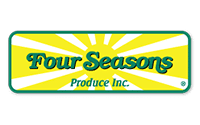 A rectangular logo with a yellow sunburst background. The text Four Seasons is in large green letters, and Produce Inc. in smaller green letters below. The logo is outlined in green.