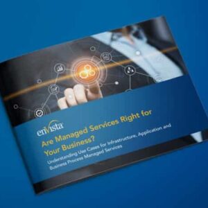 A brochure on a blue background featuring a person in business attire touching a digital network icon. The brochure title reads: Are Managed Services Right for Your Business? with additional text underneath.