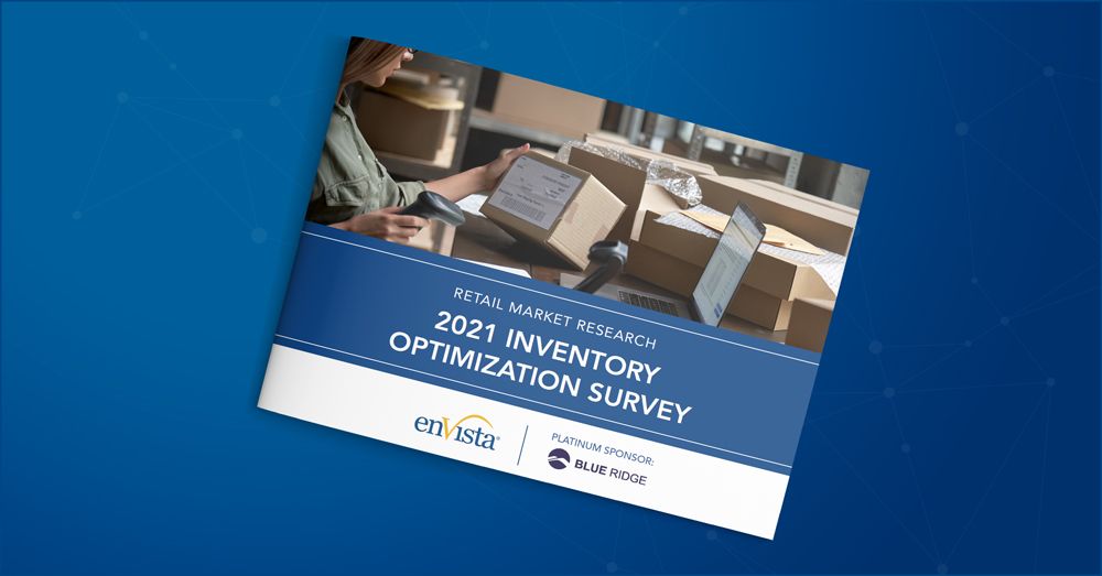A survey report titled 2021 Inventory Optimization Survey by enVista, sponsored by Blue Ridge, lies on a blue geometric background with an image of a person handling packages and paperwork.