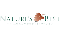 Logo for Natures Best featuring green text with a brown leaf illustration in the center. Below, smaller gray text reads: The Natural Products Distributory.