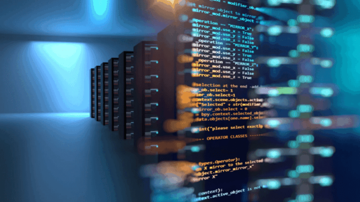 A row of server racks in a data center is shown on the left, with colorful computer code overlaid on the right, symbolizing cloud computing and data management technology.