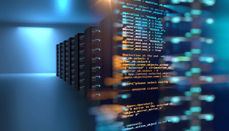 A row of server racks in a data center is shown on the left, with colorful computer code overlaid on the right, symbolizing cloud computing and data management technology.