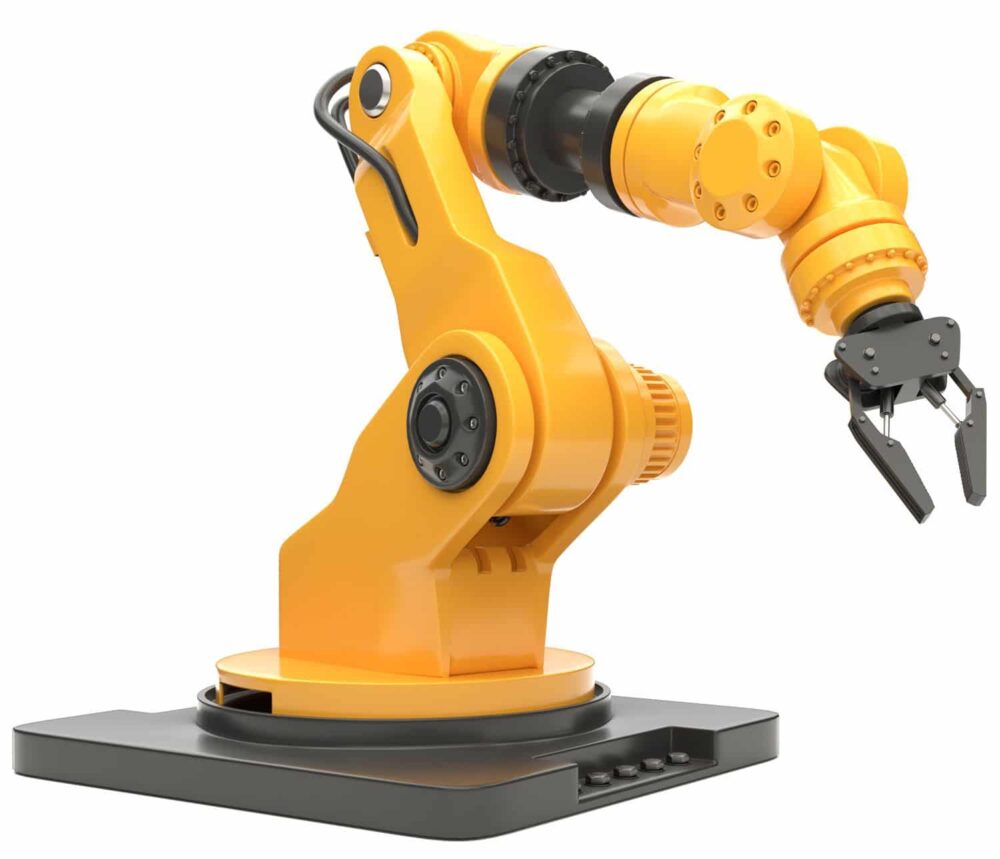 A yellow industrial robotic arm with a claw-like gripper is mounted on a black base, designed for automation analysis, and is positioned against a white background.