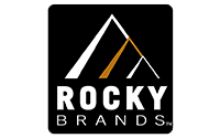 Rocky Brands logo featuring stylized mountain peaks in white and gold above the words ROCKY BRANDS in bold white letters on a black square background.