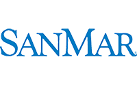 Blue SanMar logo in large, capitalized serif font on a light gray background.