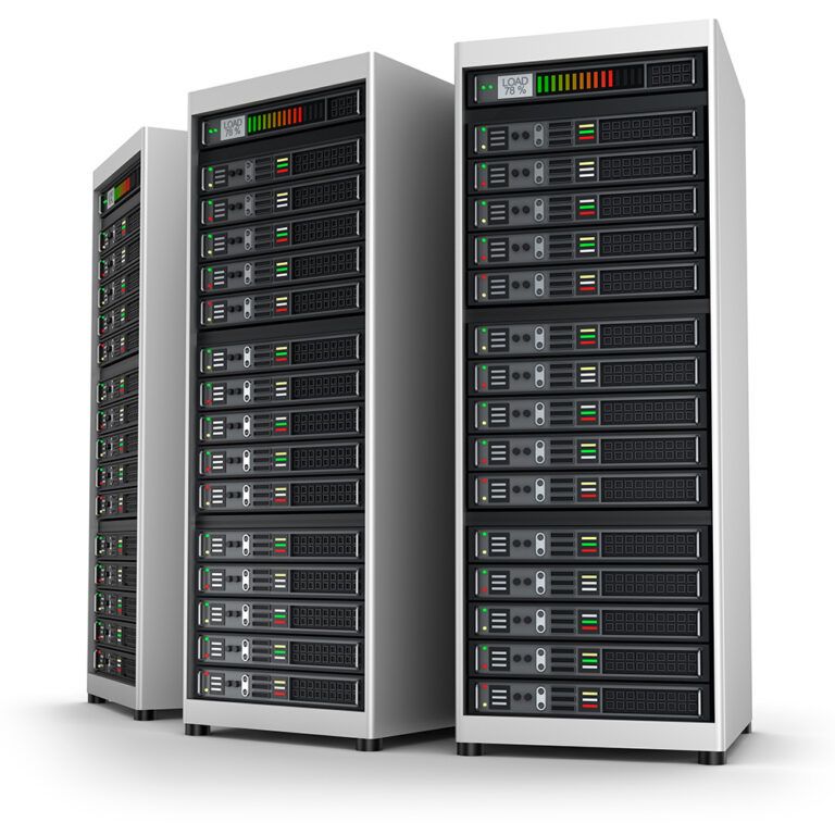Three large server racks filled with black computer servers, featuring indicator lights and control panels optimized for storage management, stand on a white background. The servers are organized in neat rows within each rack.