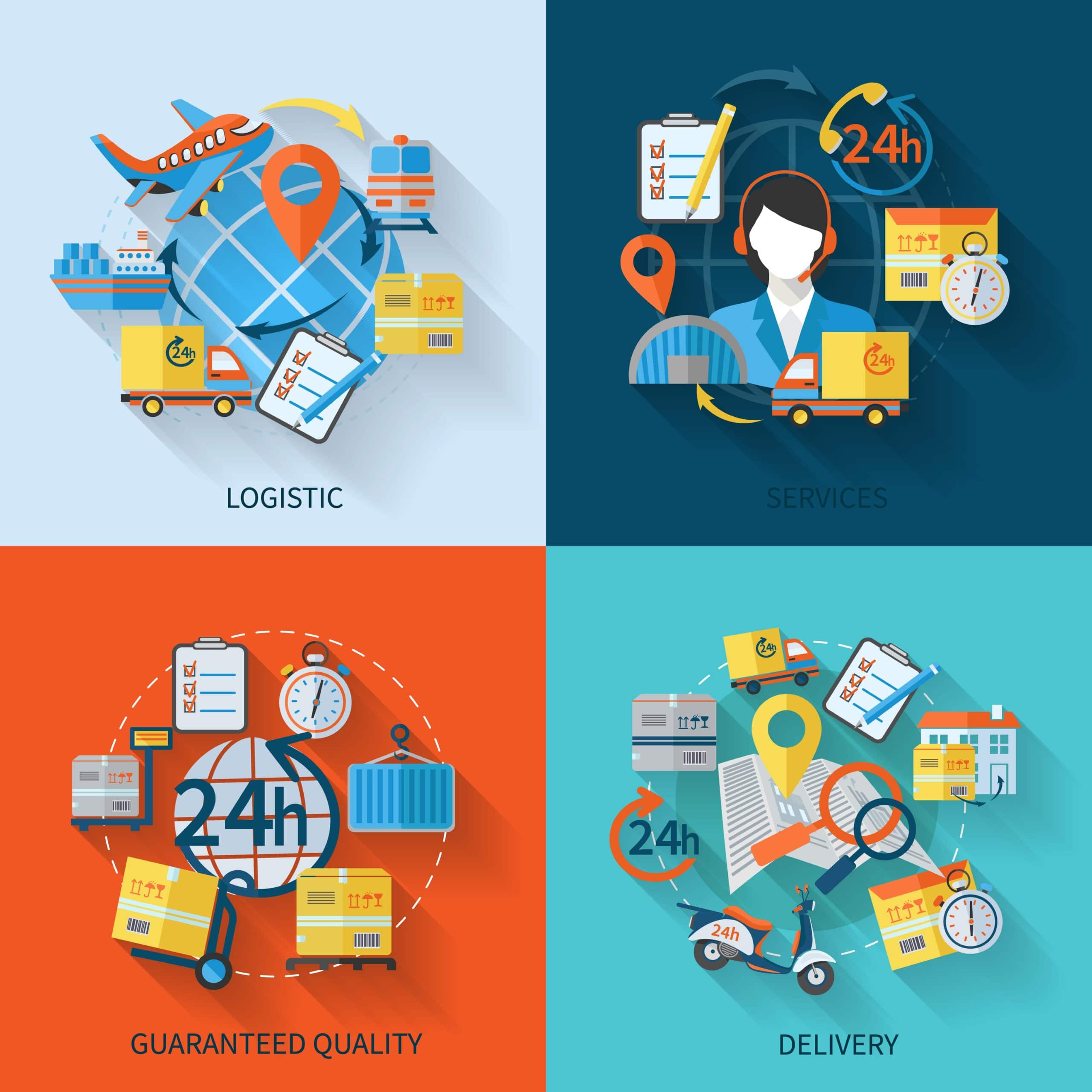 A grid of four colorful illustrations representing logistics, services, guaranteed quality, and delivery, each showing related icons like trucks, clocks, maps, packages, and a customer service representative.