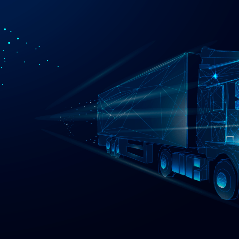A digital illustration of a semi-truck made of blue glowing lines and geometric shapes, driving forward on a dark background with scattered light particles trailing behind it.