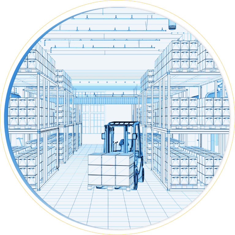 A digital blueprint-style illustration of a warehouse interior highlights warehouse design consulting as a forklift transports a pallet between tall shelves filled with boxes. The scene is framed within a circular border.
