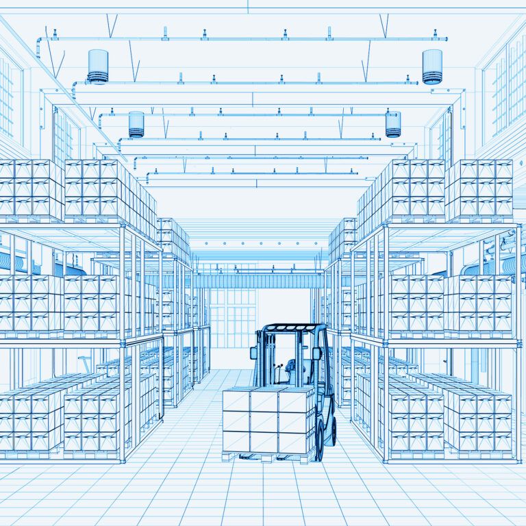 A blueprint-style illustration of a warehouse interior highlights expert warehouse design consulting, with tall shelves filled with boxes and a forklift navigating the center aisle under detailed industrial lighting and structural elements.