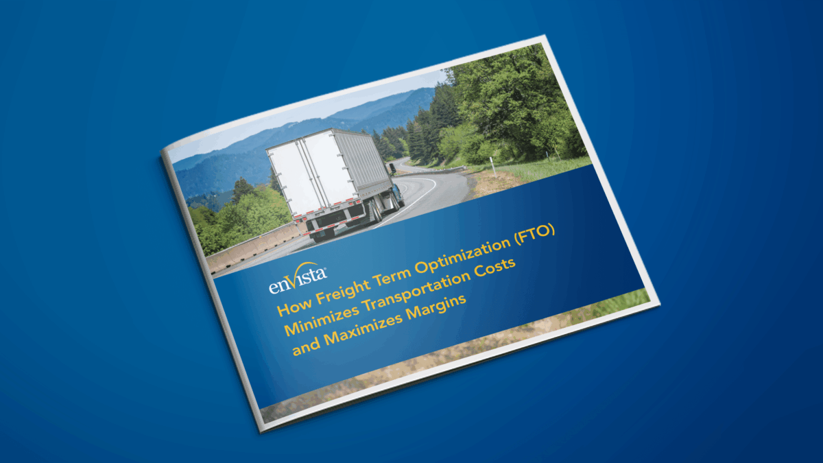 A booklet with a cover image of a semi-truck driving on a highway surrounded by trees and hills. The title reads, “How Freight Term Optimization (FTO) Minimizes Transportation Costs and Maximizes Margins.”.